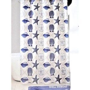 Sea Shells Diamond Shower Curtain and Roller Hooks Blue White Nautical Bath Gift